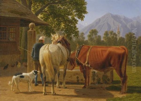 Ein Pferd Und Eine Kuh Am Brunnen, Im Hintergrund Der Niesen (a Horse And Cow At A Well, In The Background Mountain Peak Niesen) Oil Painting by Johann Jakob Biedermann