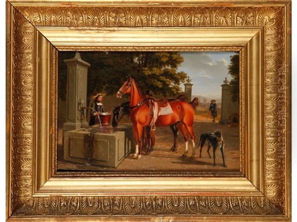 A Woman Beside A Water Fountain With Two Horses, A Gateway And Landscape Beyond Oil Painting by Johann Jakob Biedermann