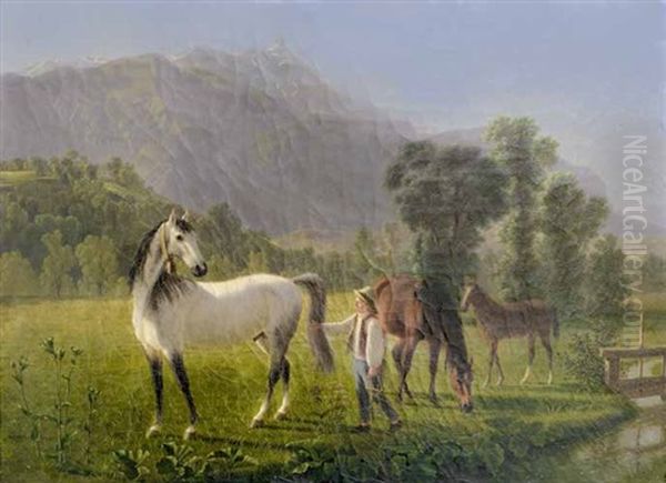 Pferde In Landschaft Oil Painting by Johann Jakob Biedermann