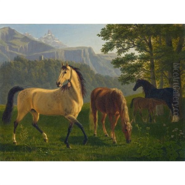 Pferde Vor Landschaft (horses In Landscape) Oil Painting by Johann Jakob Biedermann