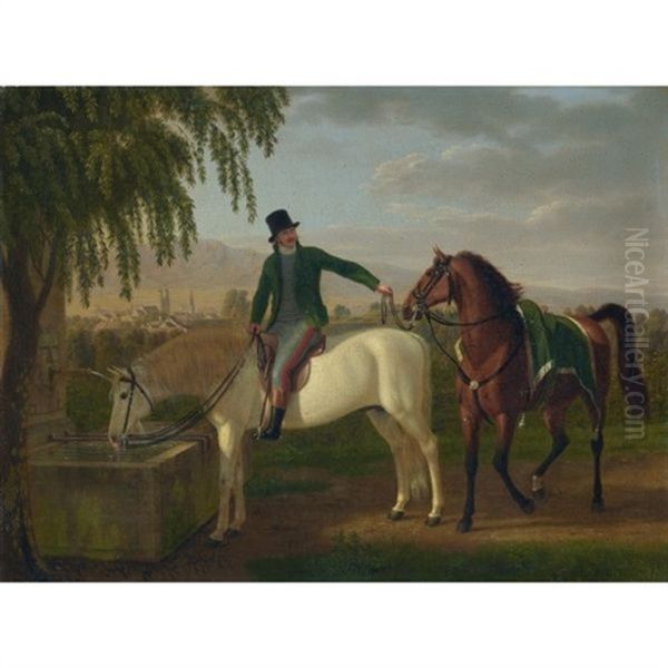 Reiter Und Pferd Am Brunnen Mit Blick Auf Zurich Und Uetliberg (man On Horseback At Fountain With View Over Zurich And The Uetliberg) Oil Painting by Johann Jakob Biedermann