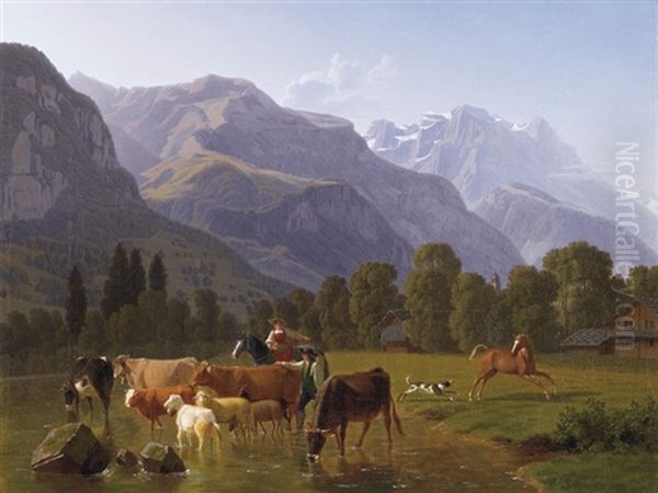 Blick Von Oberhalb Schattdorf (kt. Uri) Richtung Uri-rotstock Mit Kirchspitze Der Stiftskirche Schattdorf Oil Painting by Johann Jakob Biedermann