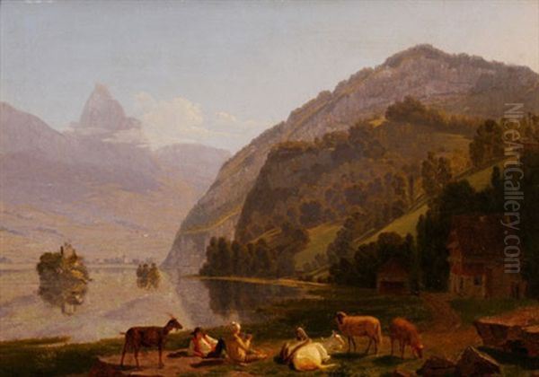 Blick Auf Den Lauerzersee Mit Der Insel Schwanau Oil Painting by Johann Jakob Biedermann