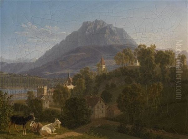 Ansicht Von Luzern, Im Hintergrund Der Pilatus Oil Painting by Johann Jakob Biedermann