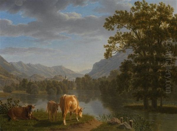 Aare Bei Interlaken, Im Hintergrund Die Brienzer Rothornkette Oil Painting by Johann Jakob Biedermann