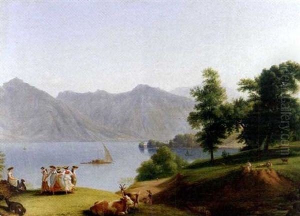 Vue D'un Lac De Montagne Anime De Bergers Et De Danseuses Oil Painting by Johann Jakob Biedermann