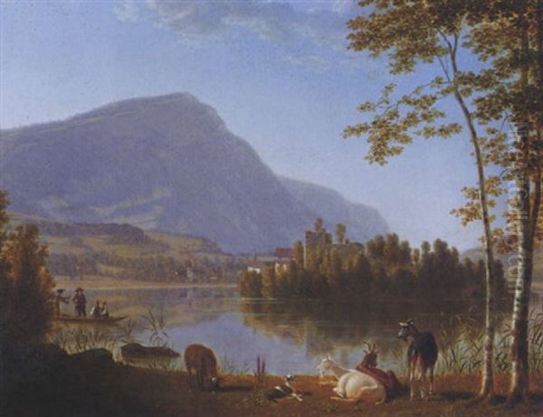 Blick Auf Den Lauerzersee Mit Der Insel Schwanau Und Gegen Die Rigi-hochfluh Oil Painting by Johann Jakob Biedermann