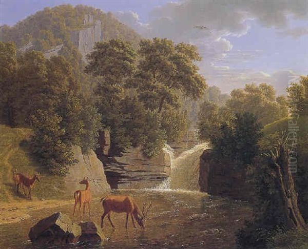 Deer Resting In A River With A Waterfall Beyond by Johann Jakob Biedermann