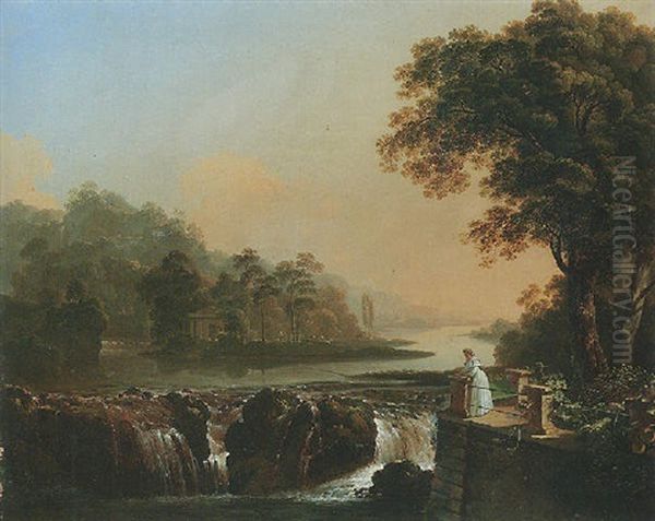 A River Landscape With A Young Girl Standing On A Terrace Overlooking A Waterfall Oil Painting by Johann Jakob Biedermann