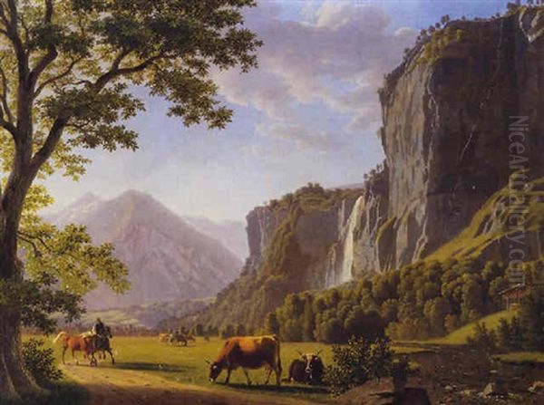 Der Reichenbach Bei Meiringen Oil Painting by Johann Jakob Biedermann