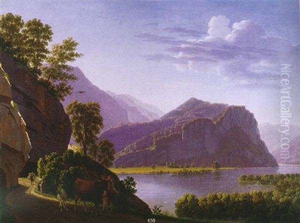 Die Aare Mit Sicht Auf Den Harder Oil Painting by Johann Jakob Biedermann