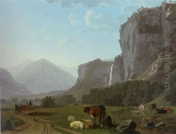 Der Reichenbachfall Bei Meiringen Oil Painting by Johann Jakob Biedermann