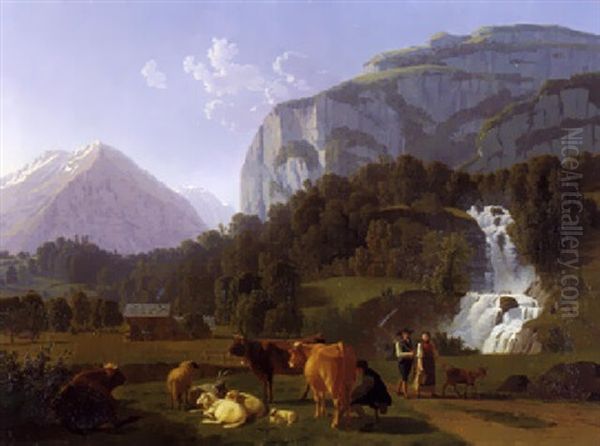 Balm Bei Meiringen Mit Dem Reichenbachfall Oil Painting by Johann Jakob Biedermann