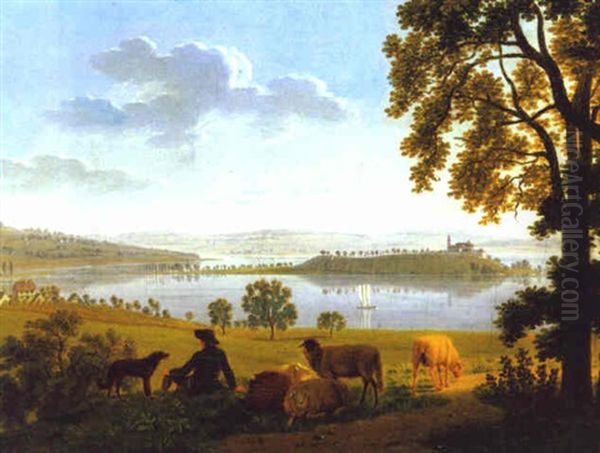 Schafer Mit Herde Und Hund Am Bodensee Vor Der Insel Mainau Oil Painting by Johann Jakob Biedermann