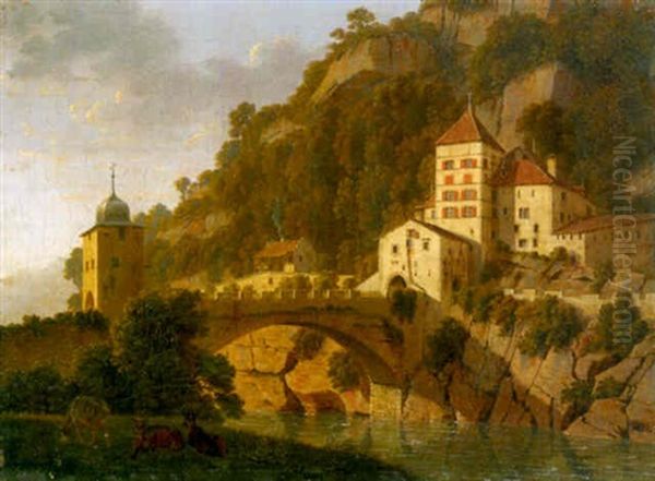 Die Rhonebrucke Bei St. Maurice Mit Der Kapelle St. Theodule by Johann Jakob Biedermann