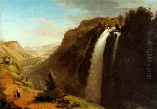 An Alpine Waterfall (lauterbrunnen?) Oil Painting by Johann Jakob Biedermann