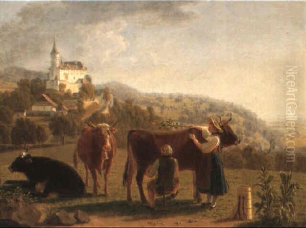 Bauern Beim Melken Oil Painting by Johann Jakob Biedermann