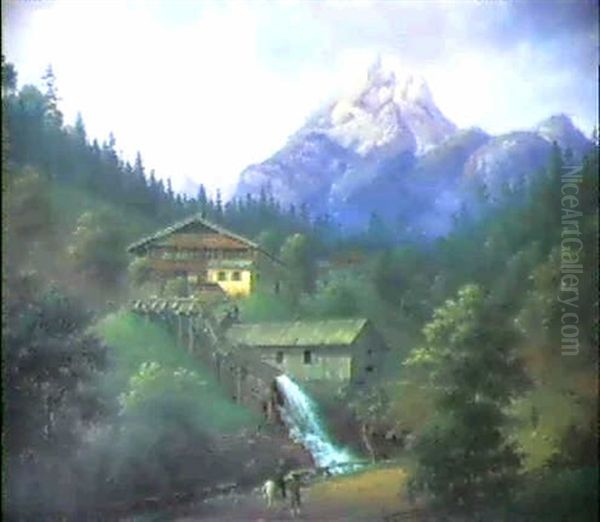 Bauernhof Mit Wassermuhle Oil Painting by Johann Jakob Biedermann