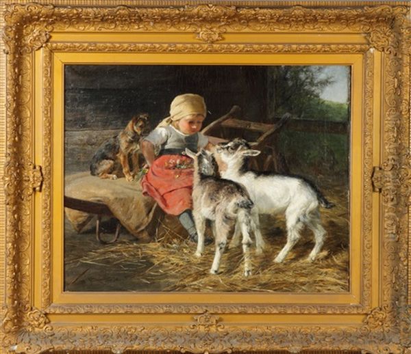 Young Girl With Dog And Goats Oil Painting by Hermine Biedermann-Arendts