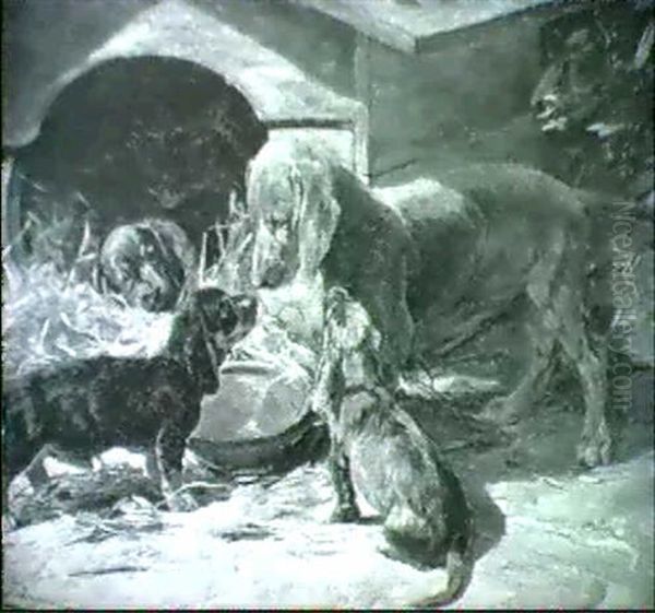 Dackelhundin Mit Jungen Am Futternapf Vor Der Hundehutte Oil Painting by Hermine Biedermann-Arendts