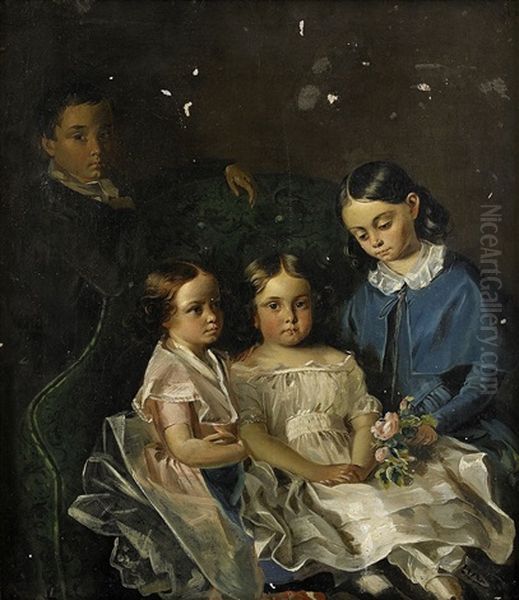 Portrait Of Four Young Children Oil Painting by  Biedermeier School