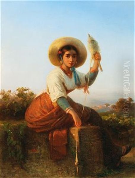 A Neapolitan Woman With A Distaff Oil Painting by Karl August Bielchowski