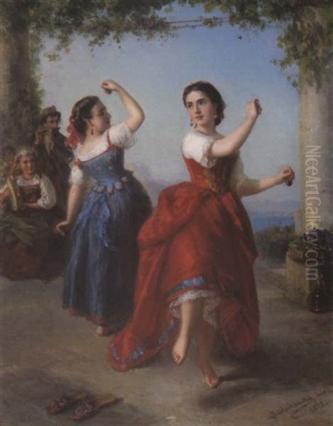 Zwei Tanzende Fischerfrauen Oil Painting by Karl August Bielchowski