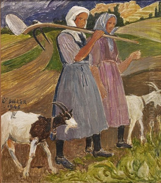 Deux Paysannes Avec Chevres Oil Painting by Ernest Bieler