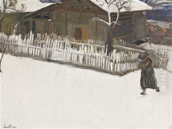 Paysage D'hiver Devant Un Mazot Oil Painting by Ernest Bieler