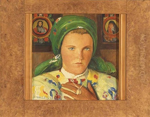 Portrait De Jeune Valaisanne Au Foulard Et Au Collier Oil Painting by Ernest Bieler