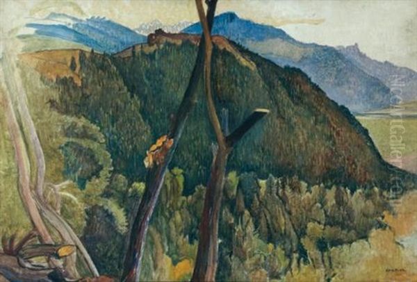 Paysage Valaisan (landscape In The Valais) Oil Painting by Ernest Bieler