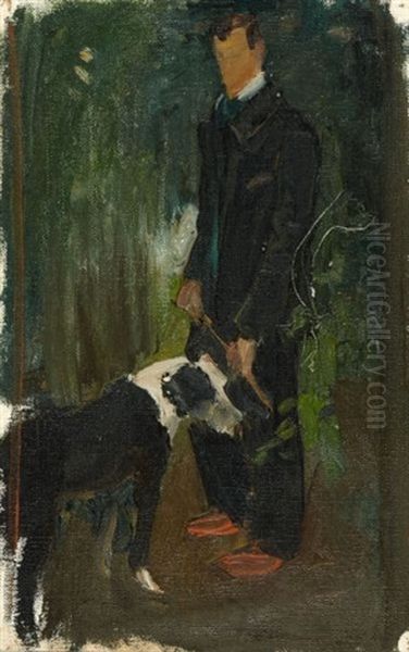 Mon Pere Avec Chien (my Father With Dog) Oil Painting by Ernest Bieler