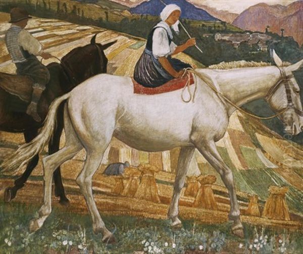 Paysanne A Dos De Mulet (farmer's Girl Riding A Mule) Oil Painting by Ernest Bieler