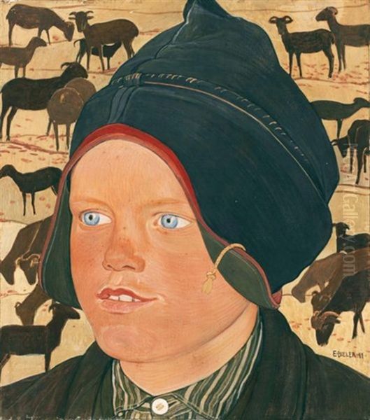 Le Gosse Aux Moutons (youngster With Sheep) Oil Painting by Ernest Bieler