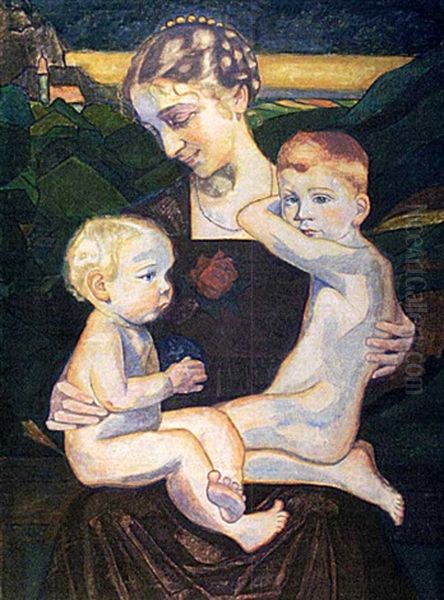 Mutter Mit Zwei Kindern, Vor Einer Gebirgslandschaft Sitzend Oil Painting by Carry van Biema