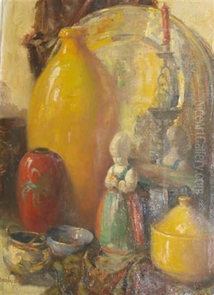 Still Life With A Candle, Figurine, And Glassware Oil Painting by Otto Bierhals