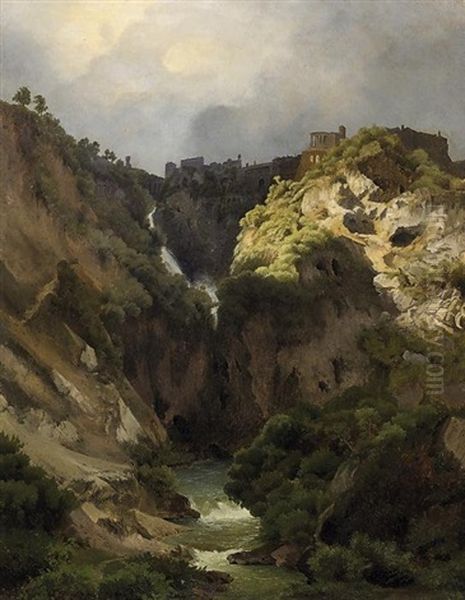 Die Wasserfalle Von Tivoli Oil Painting by Eduard Karl Biermann