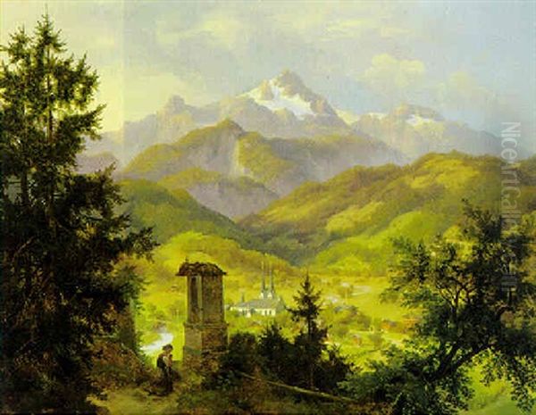 Stille Andacht - Blick Auf Berchtesgaden Oil Painting by Eduard Karl Biermann