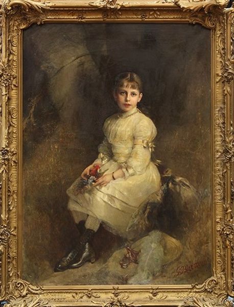 Portrait Of A Young Girl With A Bouquet Of Flowers Oil Painting by Gottlieb Biermann