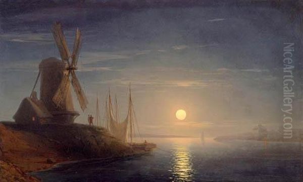 Moonlight Over The Dnepr Oil Painting by Ivan Konstantinovich Aivazovsky