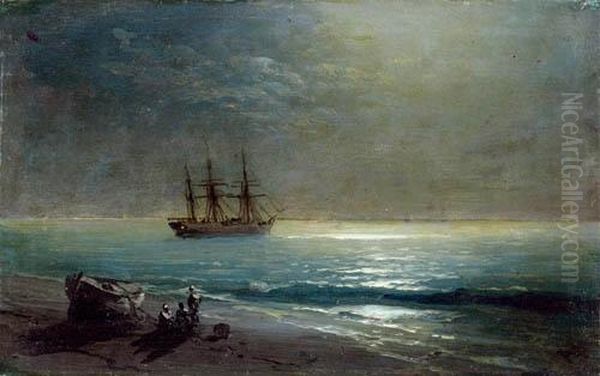 Sailing Ships On The Coast In The Moonlight. Oil Painting by Ivan Konstantinovich Aivazovsky