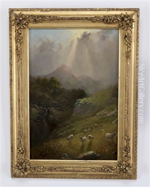 Mountain Range With Grazing Sheep, The Sun Breaking Through The Clouds Oil Painting by Albert Bierstadt