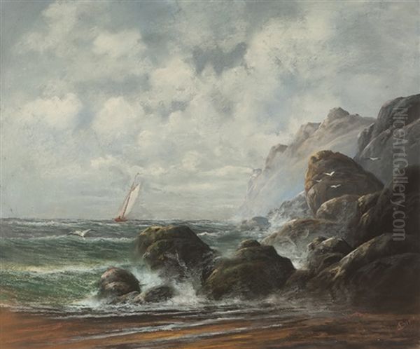 Rocky Coastal With Sailboat Oil Painting by Albert Bierstadt