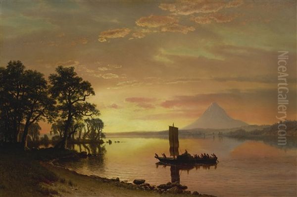 Indians Crossing The Columbia River (indians On The Columbia River, With Mount Hood In The Distance) Oil Painting by Albert Bierstadt