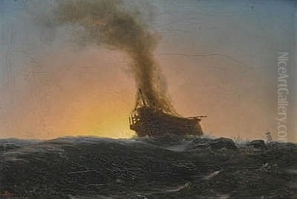 Burning Ship On High Seas Oil Painting by Albert Bierstadt