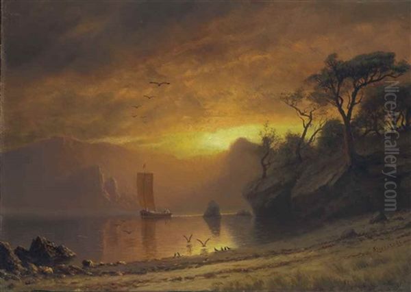 Lake In Moonlight Oil Painting by Albert Bierstadt