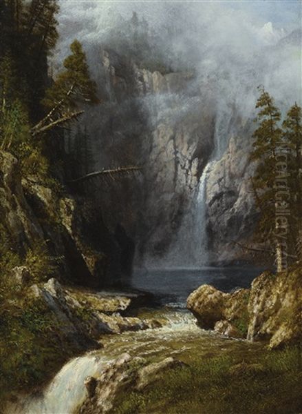 A Western Waterfall Oil Painting by Albert Bierstadt