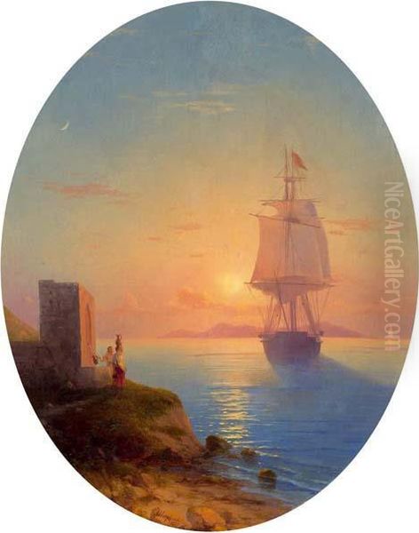 Large Sailing Ship Before The Coast At Sunset Oil Painting by Ivan Konstantinovich Aivazovsky