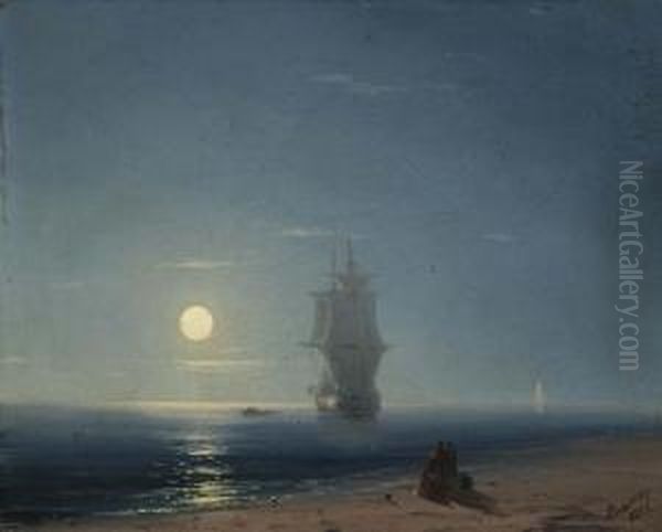 Schiffe Am Strand Im Mondschein. 1857. Oil Painting by Ivan Konstantinovich Aivazovsky