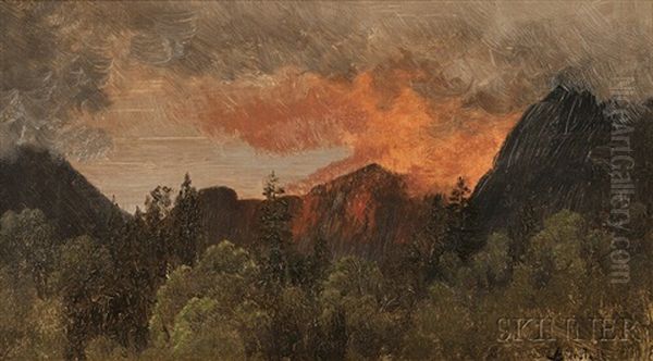 White Mountain View With Red Glow Of Fire Or Reflected Light Oil Painting by Albert Bierstadt